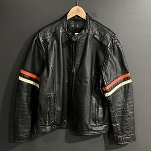 Unik Black Leather Bomber Jacket with Red and White Stripes